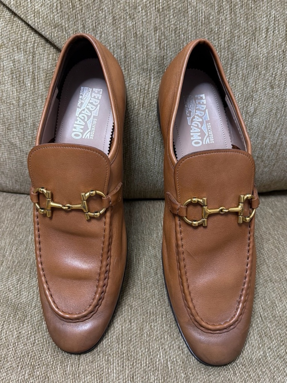 Salvatore Ferragamo Natural Brown Leather Slip-On Loafers with Gancini Buckle